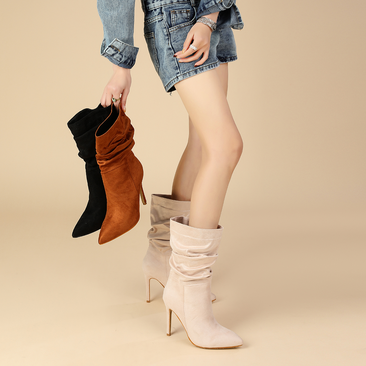 Impression Bang Women's Fashion Ankle Boots Pointed Toe Stiletto Heel Slip On Suede Boots 35-42